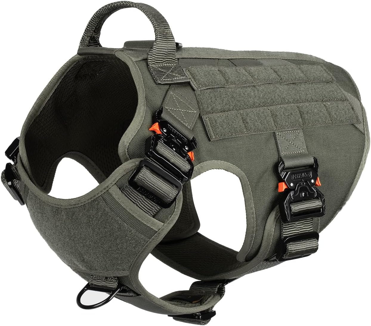 Tactical Dog Harness for Large Dogs,Full Metal Buckles Dog Vest | with MOLLE, Reflective,Adjustable,2 Leash Clips,Control Handle,No Pull,Soft Padded,Green,Large