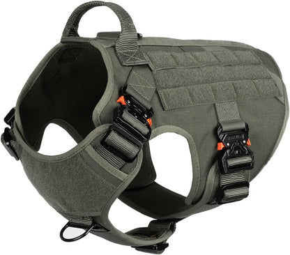 Tactical Dog Harness for Large Dogs,Full Metal Buckles Dog Vest | with MOLLE, Reflective,Adjustable,2 Leash Clips,Control Handle,No Pull,Soft Padded,Green,Large