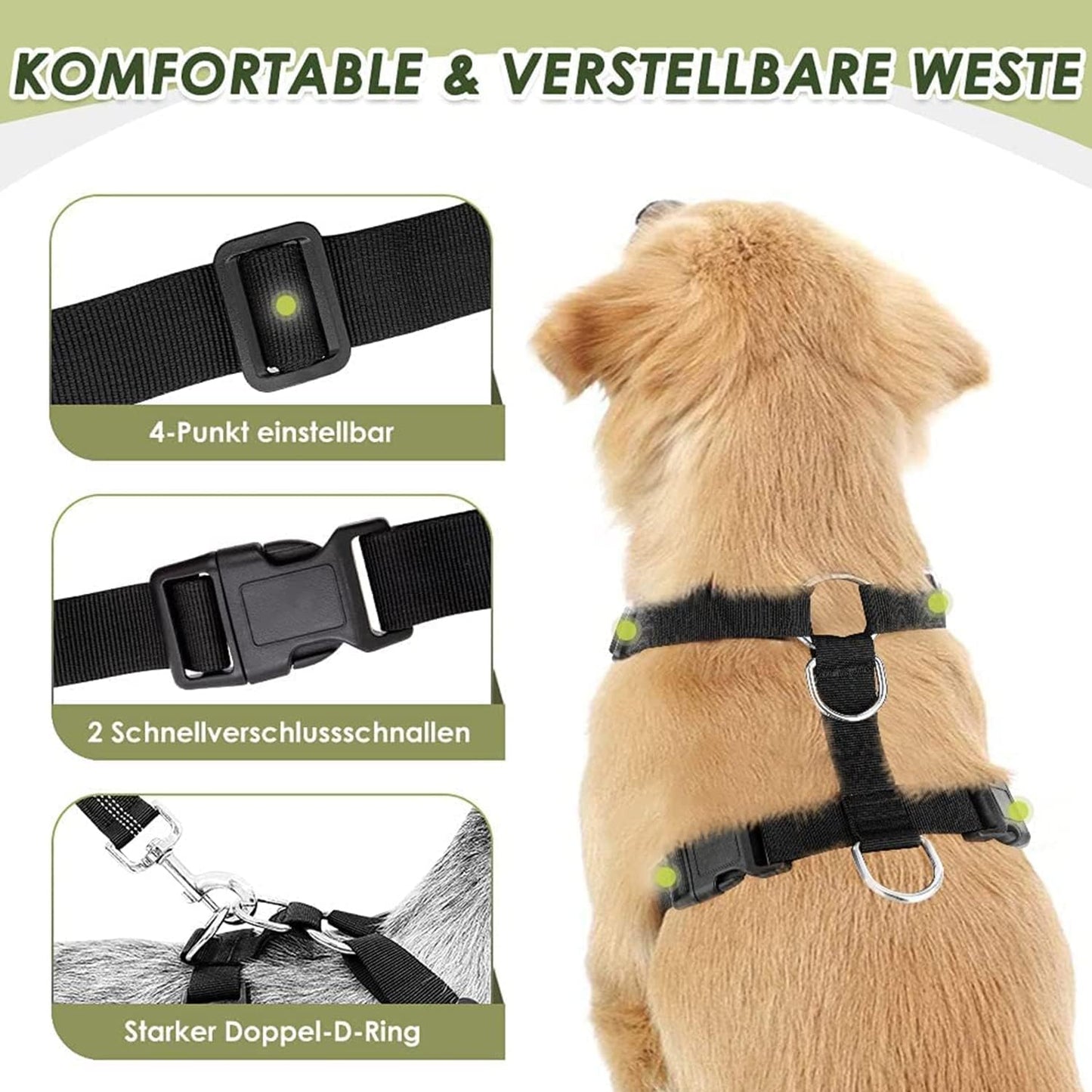 Dog Car Harness Seat Belt, Harness & Seatbelt with 2 in 1 Buckle | Adjustable Soft Breathable Mesh Harness, Reflective Elastic Reflective Tether, for Small Medium Large Dogs Pets (Blue, M)