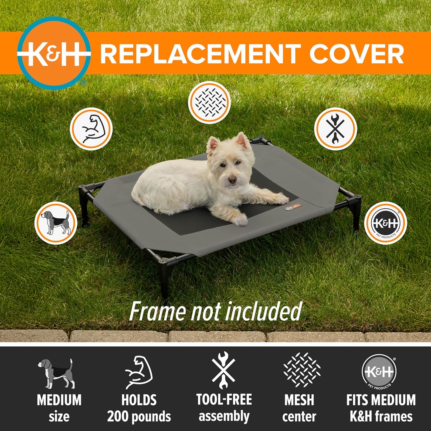 K&H Outdoor Elevated Dog Bed Pet Cot Replacement Cover, Medium 32X25In | Designed to Fit K&H Medium Pet Cots (Sold Separately), Indoor Outdoor Dog Bed, Breathable Mesh Center, Machine Washable, Gray