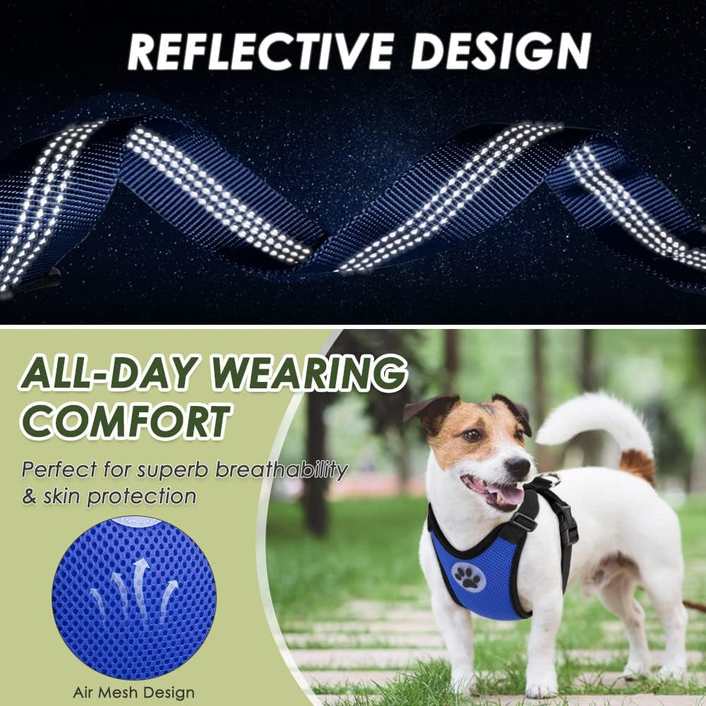 Dog Car Harness Seat Belt, Harness & Seatbelt with 2 in 1 Buckle | Adjustable Soft Breathable Mesh Harness, Reflective Elastic Reflective Tether, for Small Medium Large Dogs Pets (Blue, M)